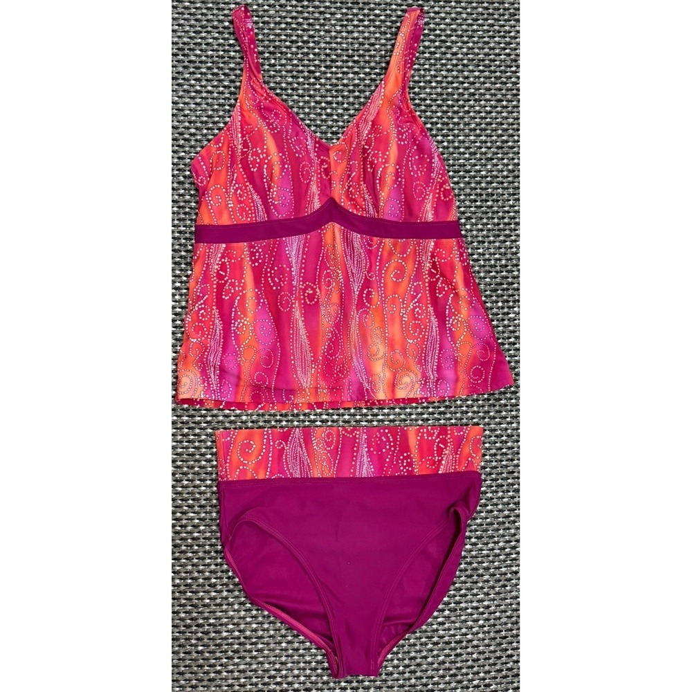 Amoena Bordeaux Tankini 2 Piece Bathing Suit Purple Orange Mastectomy Pocket 14